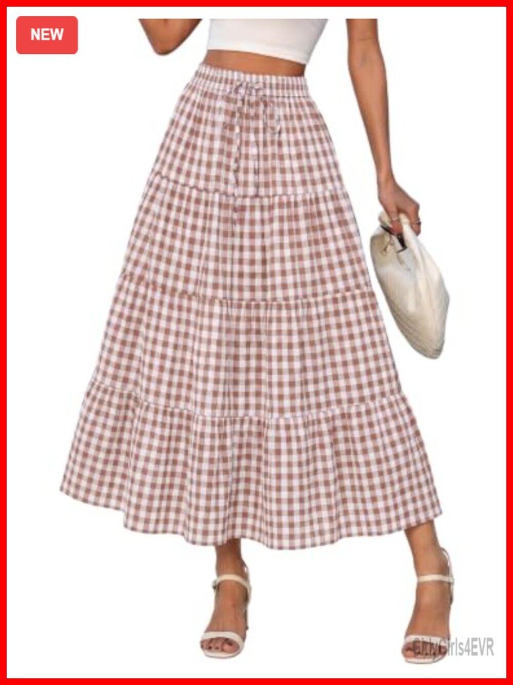 Plaid Gingham Midi Skirt High Waisted A-Line with Pockets